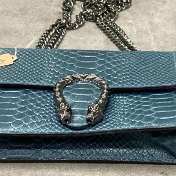 Borse Handbags - Italian-Made Teal Leather Handbag, Genuine Leather, Horseshoe Clasp, Chain Strap